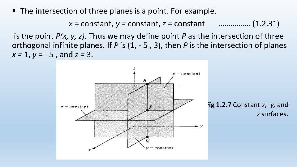 § The intersection of three planes is a point. For example, x = constant,