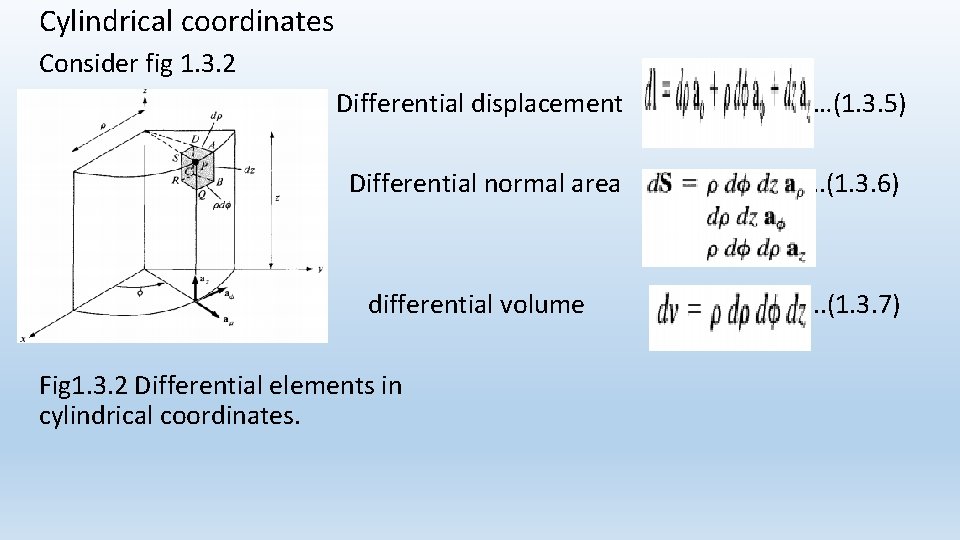 Cylindrical coordinates Consider fig 1. 3. 2 Differential displacement …(1. 3. 5) Differential normal