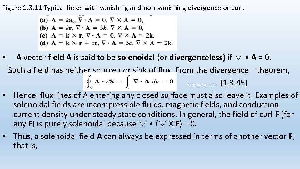 Figure 1. 3. 11 Typical fields with vanishing and non-vanishing divergence or curl. A