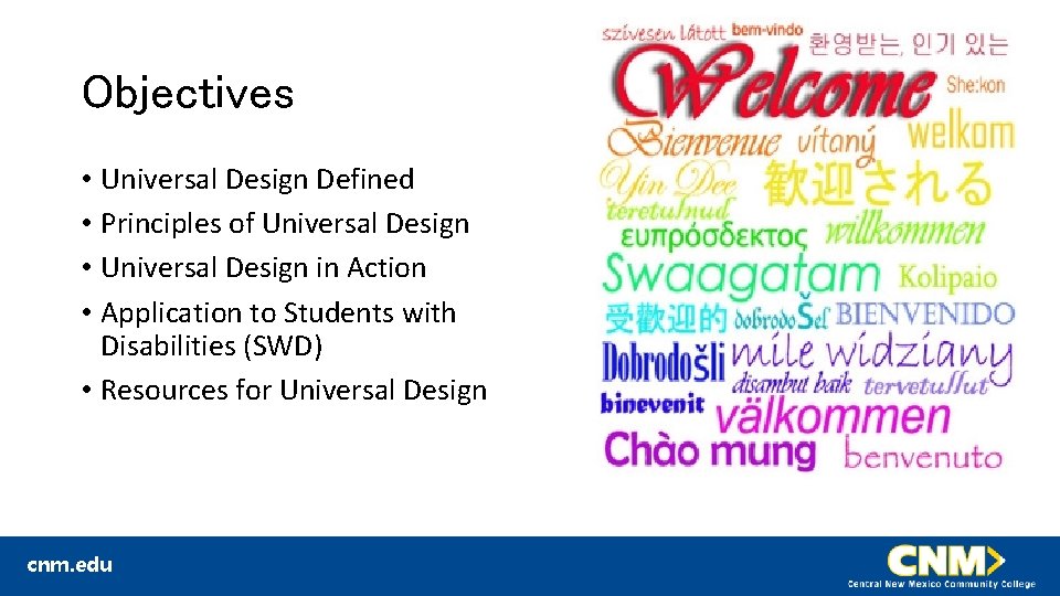 Objectives • Universal Design Defined • Principles of Universal Design • Universal Design in