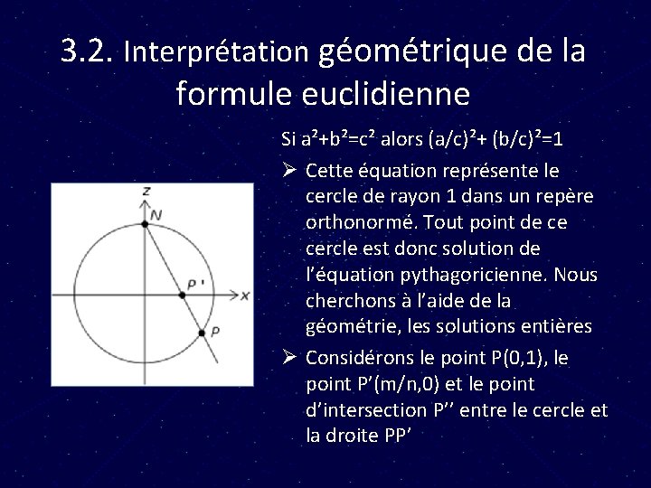 3. 2. Interprétation géométrique de la formule euclidienne Si a²+b²=c² alors (a/c)²+ (b/c)²=1 Ø