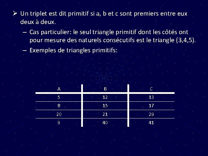 Ø Un triplet est dit primitif si a, b et c sont premiers entre