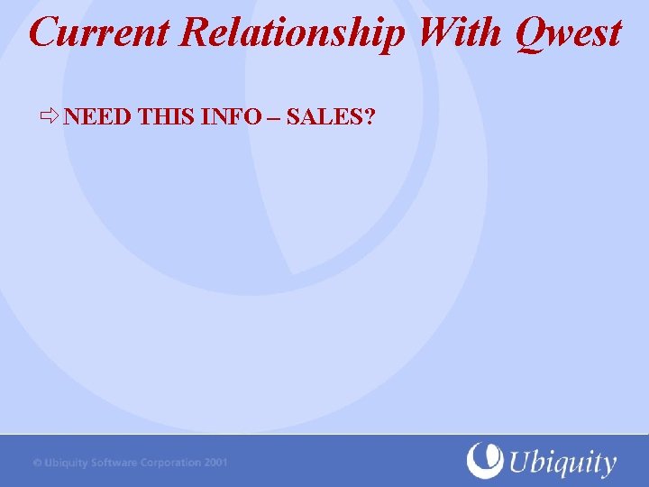 Current Relationship With Qwest NEED THIS INFO – SALES? 