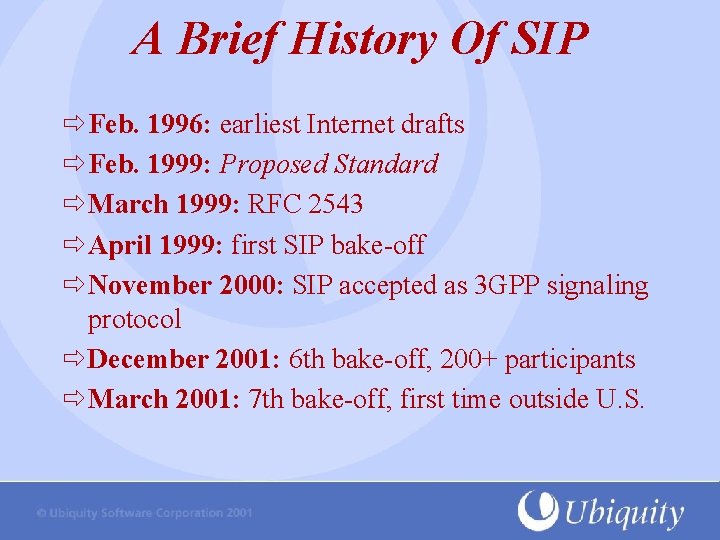 A Brief History Of SIP Feb. 1996: earliest Internet drafts Feb. 1999: Proposed Standard