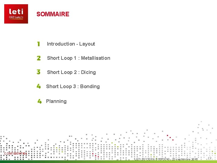 SOMMAIRE Introduction - Layout Short Loop 1 : Metallisation Short Loop 2 : Dicing