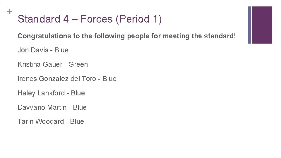 + Standard 4 – Forces (Period 1) Congratulations to the following people for meeting