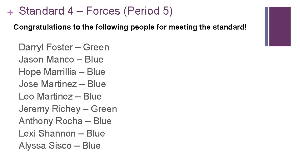 + Standard 4 – Forces (Period 5) Congratulations to the following people for meeting