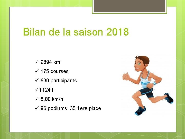 Bilan de la saison 2018 ü 9894 km ü 175 courses ü 630 participants