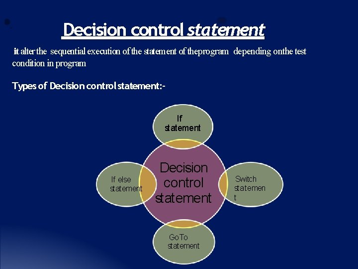 Decision control statement it alter the sequential execution of the statement of theprogram depending