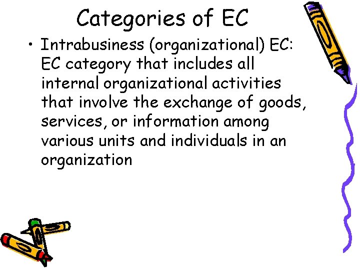 Categories of EC • Intrabusiness (organizational) EC: EC category that includes all internal organizational