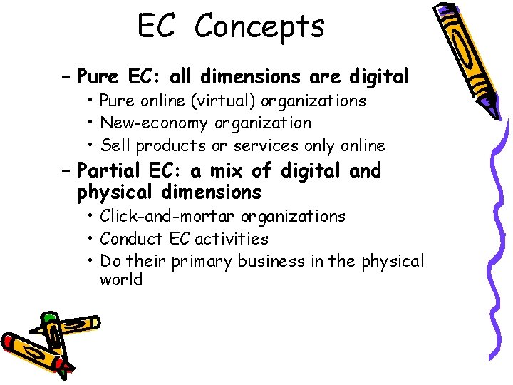 EC Concepts – Pure EC: all dimensions are digital • Pure online (virtual) organizations