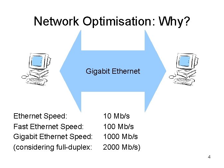 Network Optimisation: Why? Gigabit Ethernet (Fast) Ethernet Speed: Fast Ethernet Speed: Gigabit Ethernet Speed: