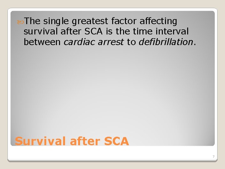  The single greatest factor affecting survival after SCA is the time interval between