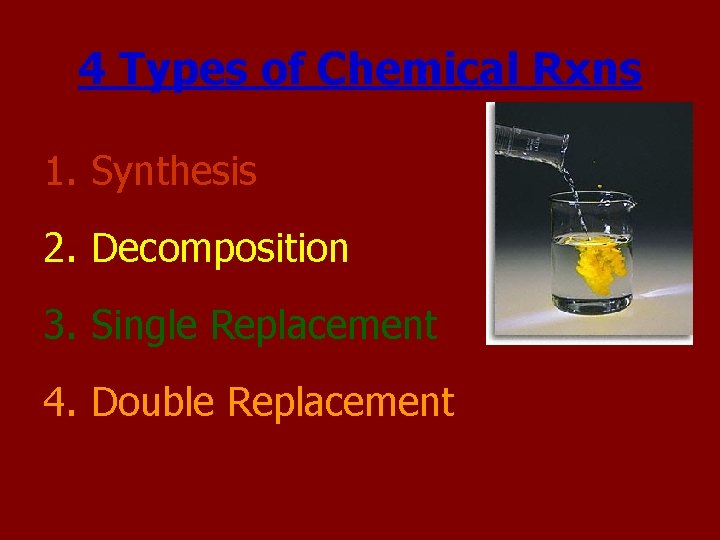 4 Types of Chemical Rxns 1. Synthesis 2. Decomposition 3. Single Replacement 4. Double