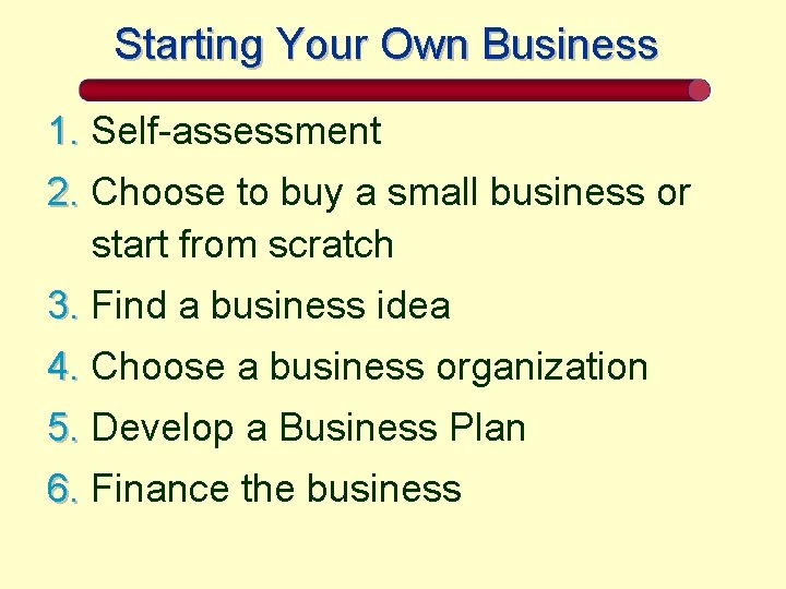 Starting Your Own Business 1. Self-assessment 2. Choose to buy a small business or