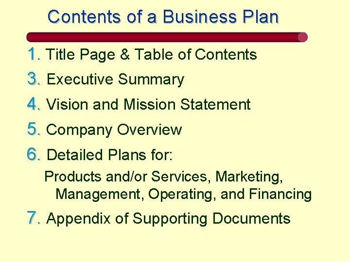 Contents of a Business Plan 1. Title Page & Table of Contents 3. Executive