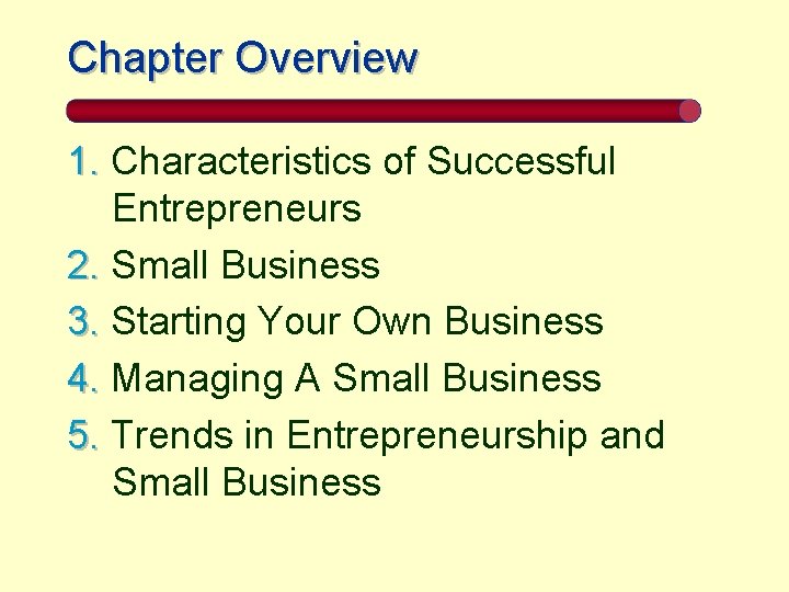 Chapter Overview 1. Characteristics of Successful Entrepreneurs 2. Small Business 3. Starting Your Own