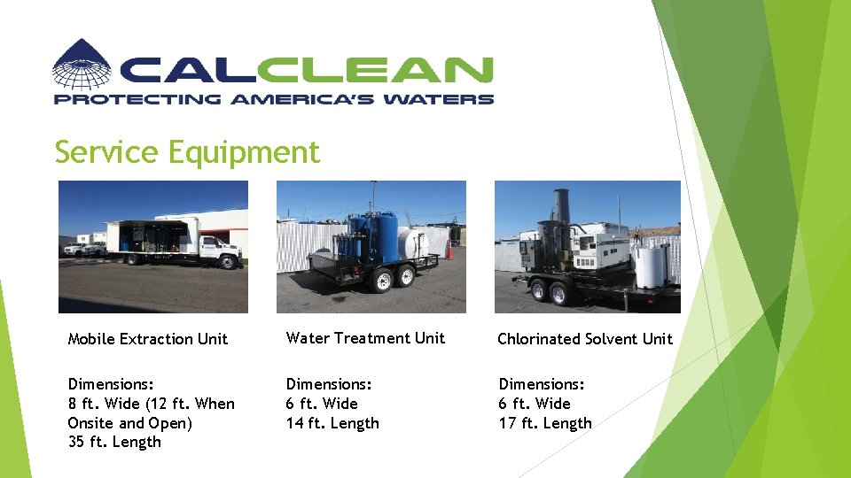 Service Equipment Mobile Extraction Unit Water Treatment Unit Chlorinated Solvent Unit Dimensions: 8 ft.