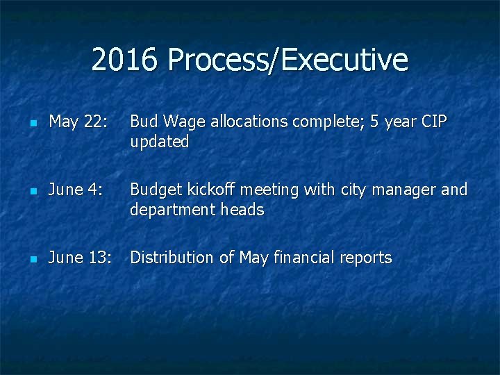 2016 Process/Executive n May 22: Bud Wage allocations complete; 5 year CIP updated n