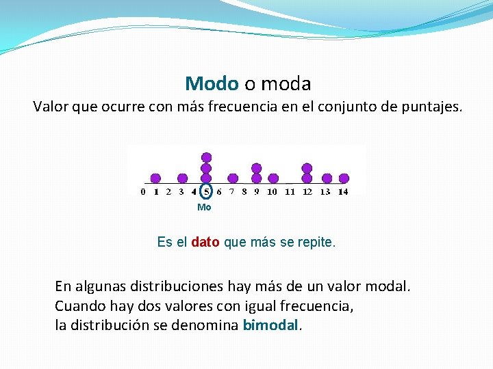 Modo o moda Valor que ocurre con más frecuencia en el conjunto de puntajes.