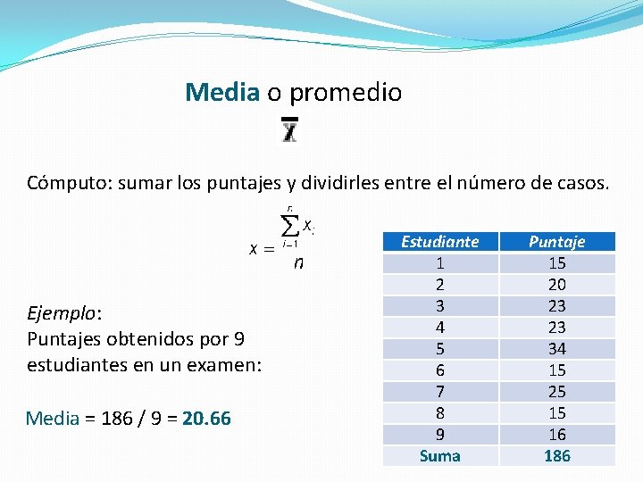 Media o promedio Cómputo: sumar los puntajes y dividirles entre el número de casos.