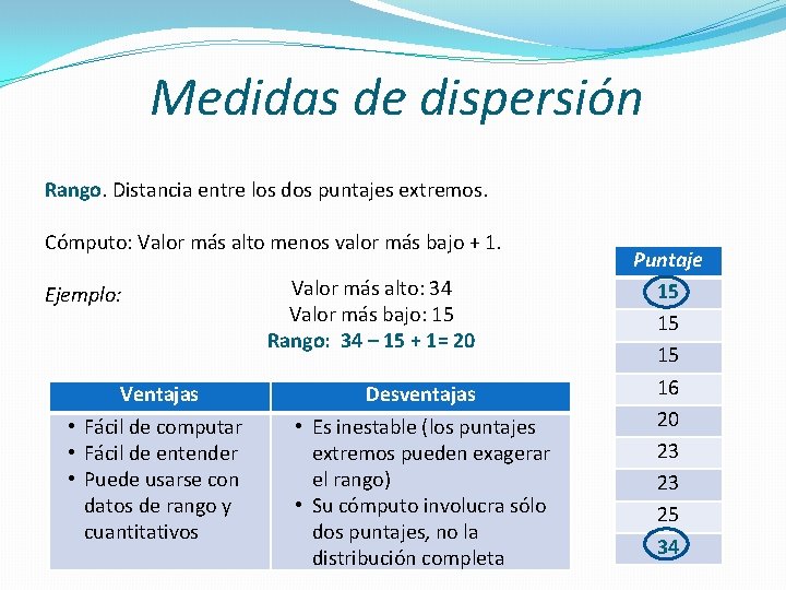 Medidas de dispersión Rango. Distancia entre los dos puntajes extremos. Cómputo: Valor más alto