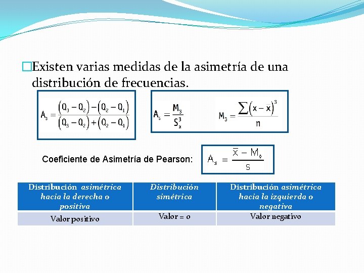�Existen varias medidas de la asimetría de una distribución de frecuencias. Coeficiente de Asimetría