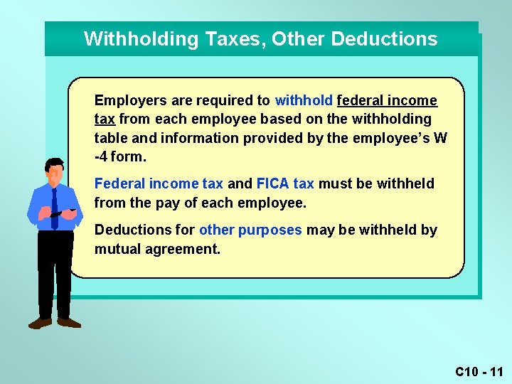 Withholding Taxes, Other Deductions Employers are required to withhold federal income tax from each