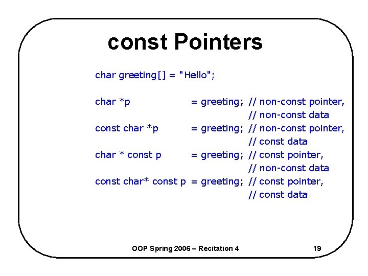 const Pointers char greeting[] = "Hello"; char *p = greeting; // // const char