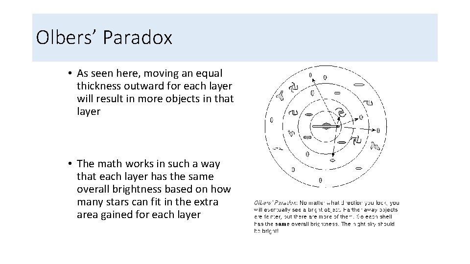 Olbers’ Paradox • As seen here, moving an equal thickness outward for each layer