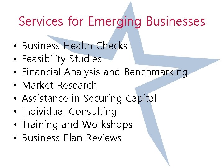 Services for Emerging Businesses • • Business Health Checks Feasibility Studies Financial Analysis and