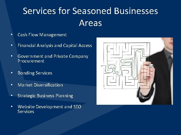 Services for Seasoned Businesses Areas • Cash Flow Management • Financial Analysis and Capital