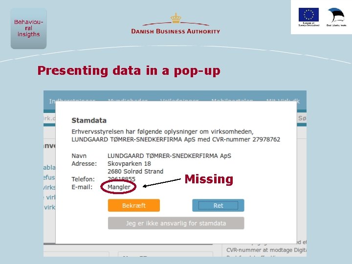 Presenting data in a pop-up Missing 