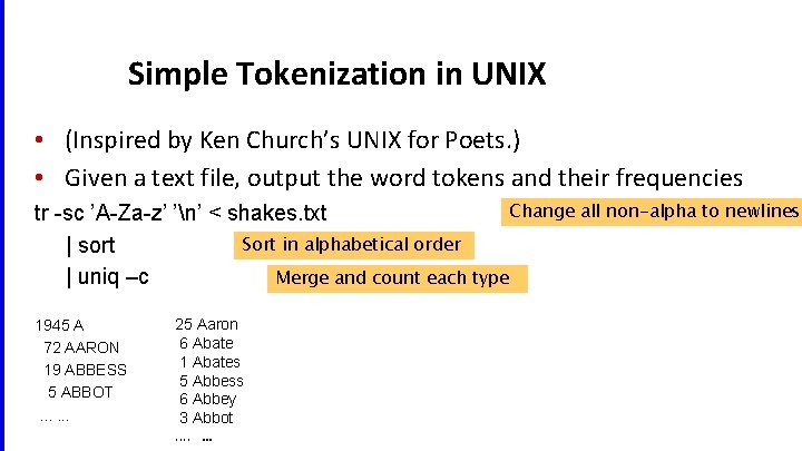 Simple Tokenization in UNIX • (Inspired by Ken Church’s UNIX for Poets. ) •