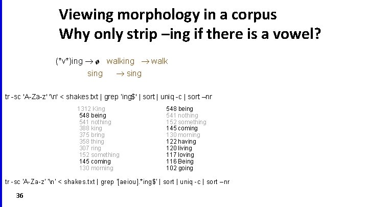 Viewing morphology in a corpus Why only strip –ing if there is a vowel?