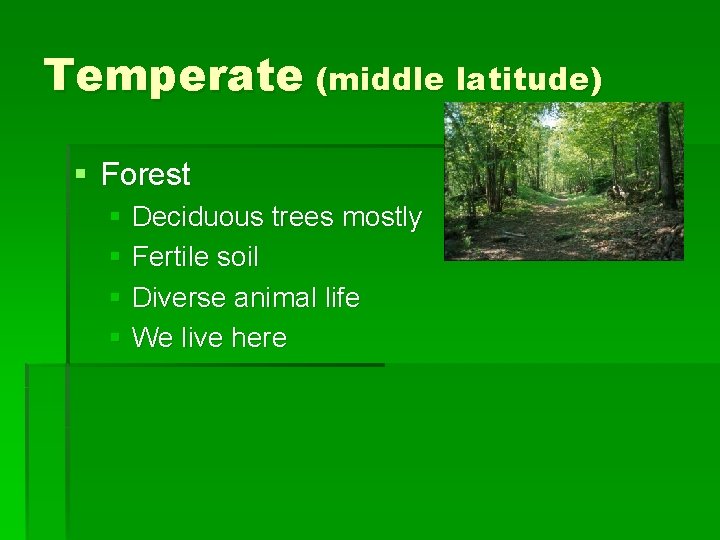 Temperate (middle latitude) § Forest § Deciduous trees mostly § Fertile soil § Diverse