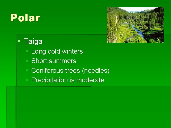 Polar § Taiga § Long cold winters § Short summers § Coniferous trees (needles)