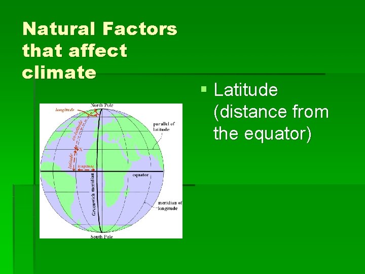 Natural Factors that affect climate § Latitude (distance from the equator) 