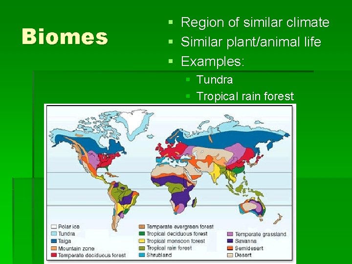 Biomes § § § Region of similar climate Similar plant/animal life Examples: § Tundra