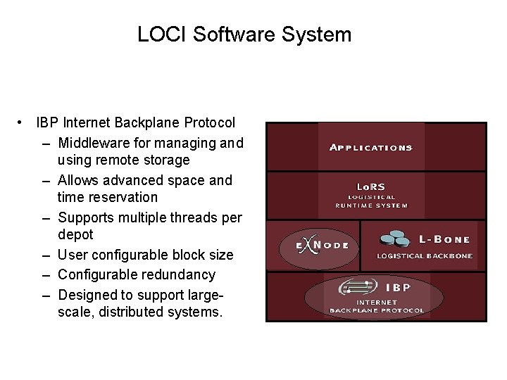 LOCI Software System • IBP Internet Backplane Protocol – Middleware for managing and using