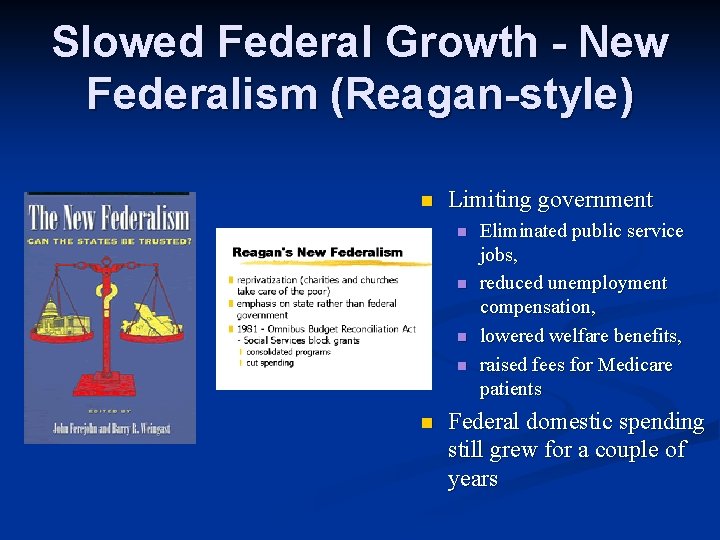 Slowed Federal Growth - New Federalism (Reagan-style) n Limiting government n n n Eliminated