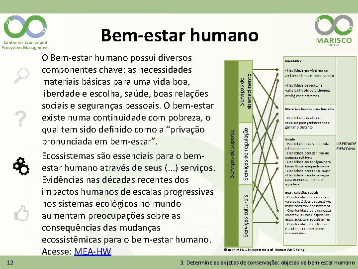 12 Serviços de regulação Serviços culturais Serviços de suporte ? O Bem-estar humano possui