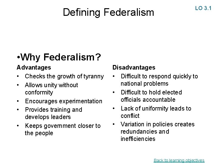 Defining Federalism LO 3. 1 • Why Federalism? Advantages • Checks the growth of