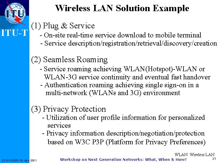 Wireless LAN Solution Example ITU-T (1) Plug & Service - On-site real-time service download