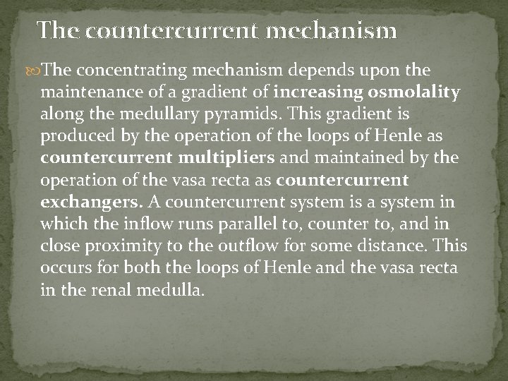 The countercurrent mechanism The concentrating mechanism depends upon the maintenance of a gradient of