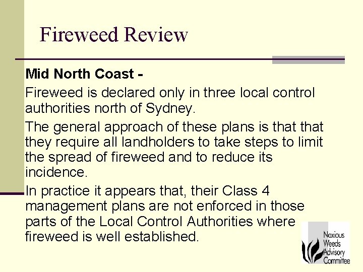 Fireweed Review Mid North Coast Fireweed is declared only in three local control authorities