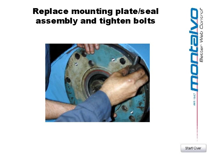 Replace mounting plate/seal assembly and tighten bolts 