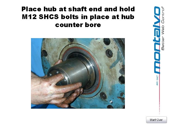 Place hub at shaft end and hold M 12 SHCS bolts in place at