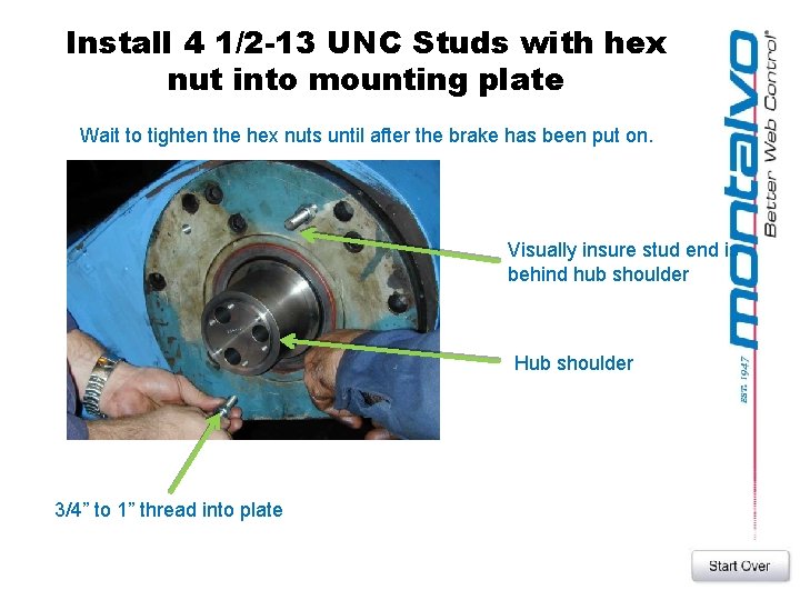 Install 4 1/2 -13 UNC Studs with hex nut into mounting plate Wait to