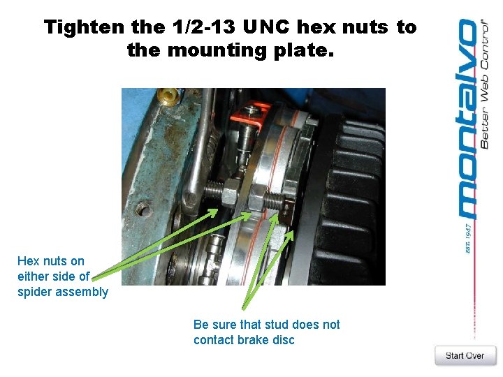 Tighten the 1/2 -13 UNC hex nuts to the mounting plate. Hex nuts on